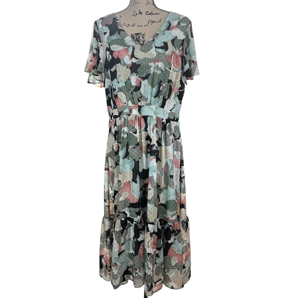 Kasper Clip Dot Dress Sz 14 Green Multi Floral Flutter Sleeve Tiered Lined Maxi